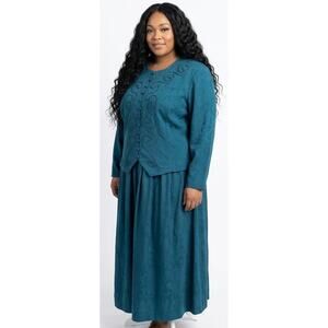 Lady Dorby Vintage Formal Dress Teal Rayon Polyester Embroidered Plus Size 2X